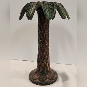 Vintage Cast Iron Palm Tree Candle Holder Metal Tropical Heavy Green Patina Tiki